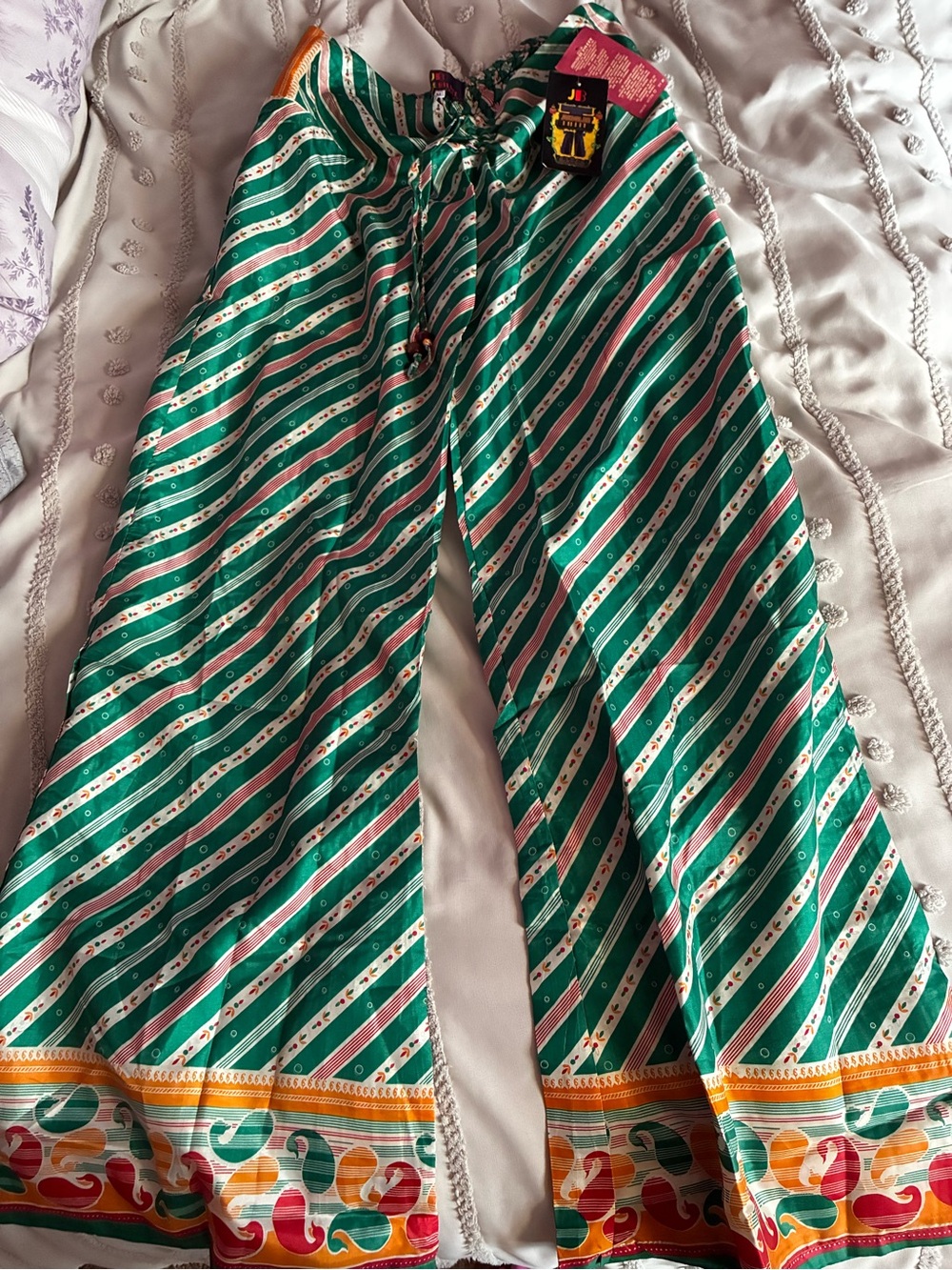 NWT. Jungle Billie! Green Striped Wide-Leg Printed Pants